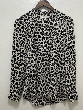 Veronica Beard Harmony Cream and Brown Leopard Print Silk Popover Shirt, Size 2
